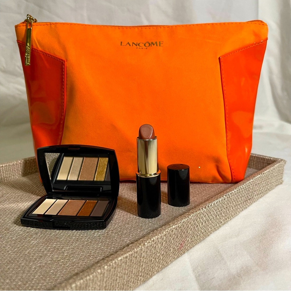 Lancome satin eyeshadow lipstick and makeup bag